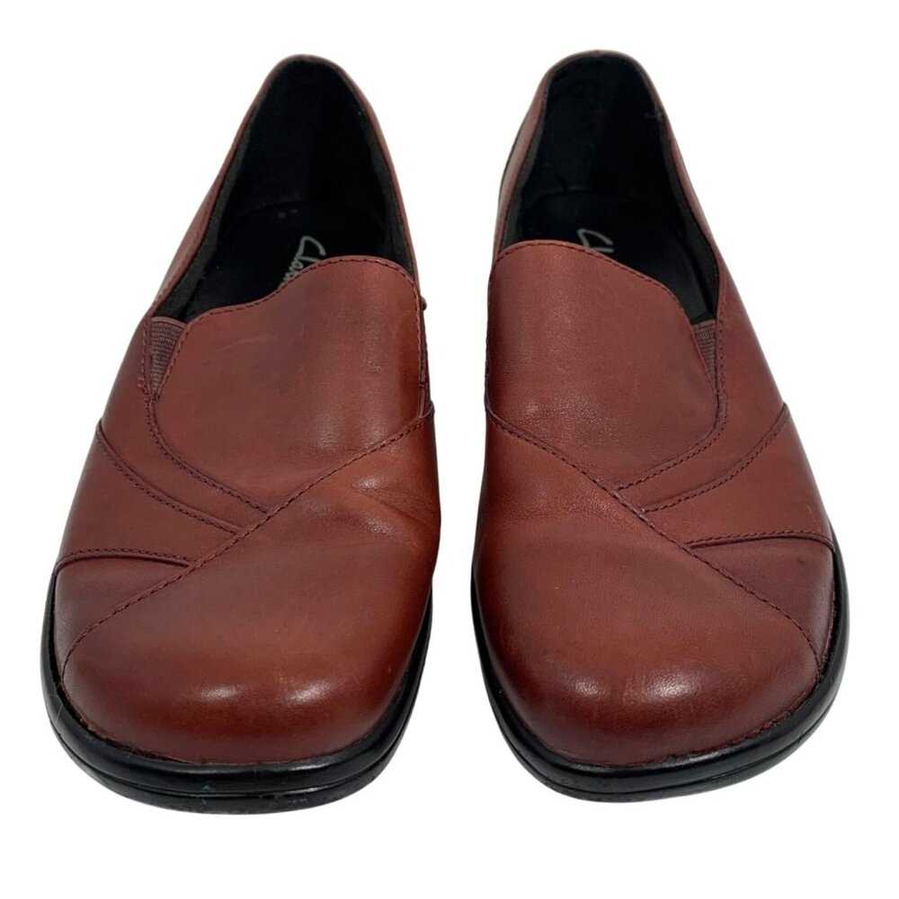 Clarks Women Red Leather Slip-On Loafers Clogs Comfortable Non-Slip Shoes SZ 6.5